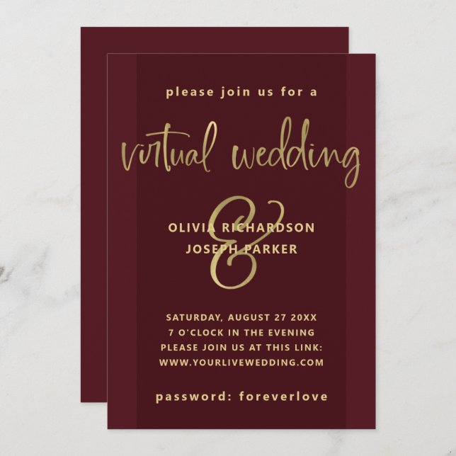 Modern Virtual Wedding | Burgundy and Gold Invitation (Front/Back)