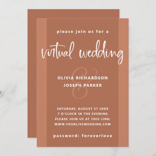Modern Virtual Wedding  Copper Colored and White Invitation