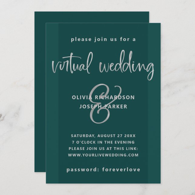 Modern Virtual Wedding | Emerald Green and Silver Invitation (Front/Back)