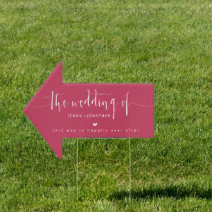 Modern Viva Magenta Script Wedding Direction Arrow Sign