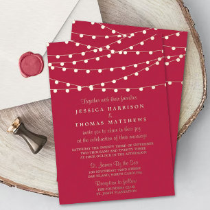 Modern Viva Magenta String Lights Wedding Real Foil Invitation