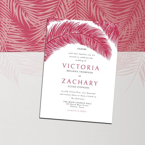 Modern Viva Magenta Summer Palm Leaves Wedding Invitation