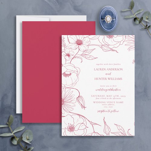 Modern Vivid Magenta Line Art Floral Wedding Invit Invitation