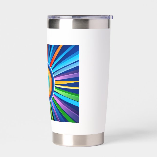 Modern wall clock with vibrant radial rainbow sunb insulated tumbler (Left)