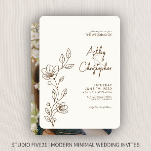 Modern Walnut Brown Foliage Outline Photo Wedding Invitation