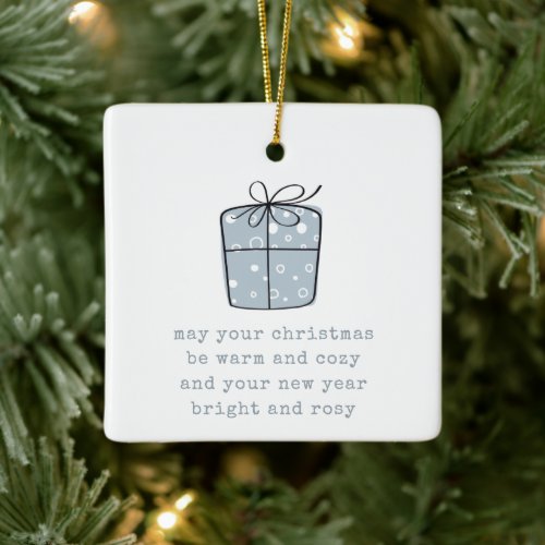 Modern Warm Cozy Quote Names Year Blue Christmas Ceramic Ornament