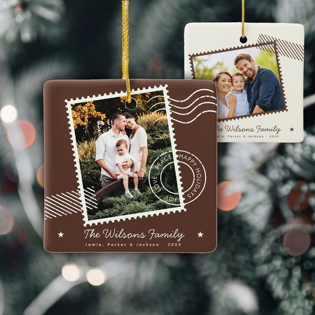 Modern Warm Family Photo Cute Stamp Holiday Ceramic Ornament (Share holiday warmth with our Modern Family photo Postage stamp Holiday Ornament! )
