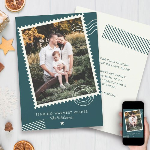 Modern Warm Fun Family Photo Postage Stamp  Holiday Card