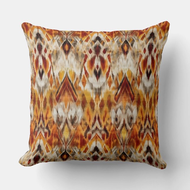 Modern Warm Neutrals Brown Orange Ikat Tribal Throw Pillow (Front)