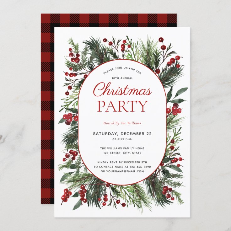 Modern Warm Red Winter Plaid Christmas Party Invitation | Zazzle