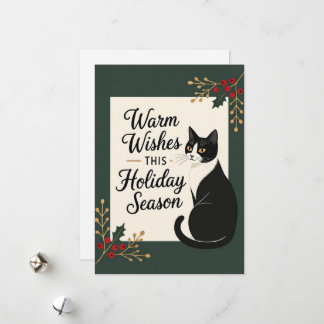 Modern Warm Wishes Cat Christmas Holiday Flat Card