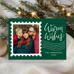 Modern Warm Wishes Family Photo Postage Stamp Holiday Card