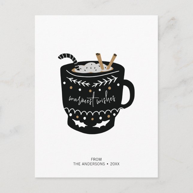 Modern Warmest Wishes Hot Cocoa Holiday Postcard (Front)