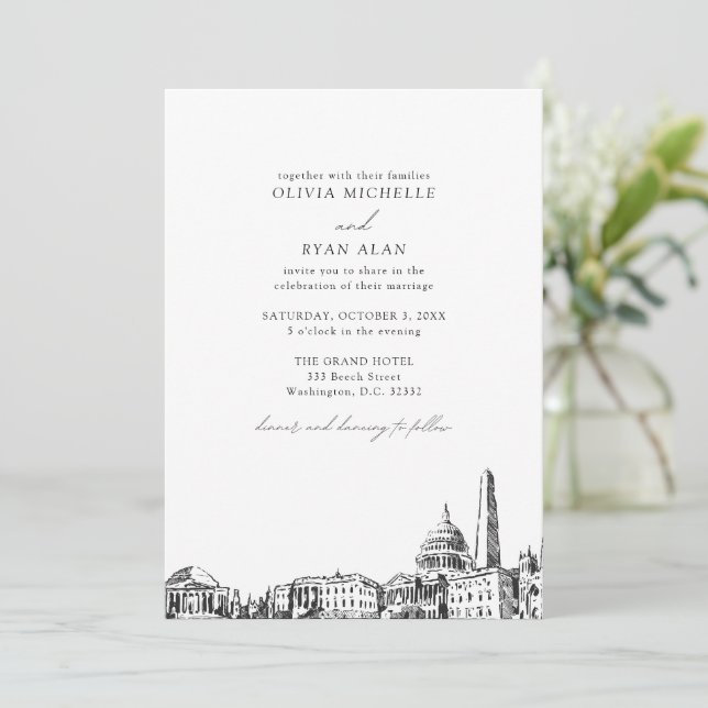Modern Washington DC Skyline Black & White Wedding Invitation (Standing Front)