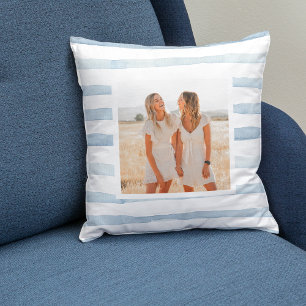 Modern Water Pastel Blue Stripes   Photo  Throw Pillow