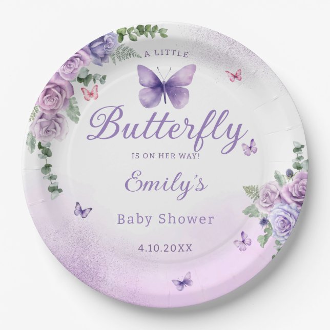 Modern Watercolo Butterfly floral girl baby shower Paper Plates (Front)