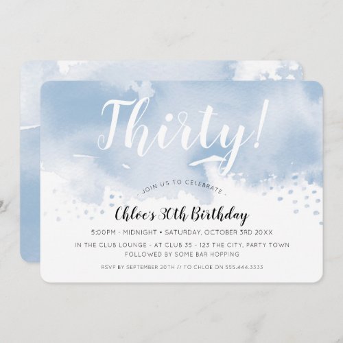 MODERN WATERCOLOR 30th stylish birthday party blue Invitation