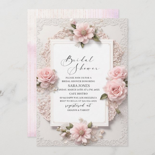 Modern Watercolor 3D Pink flowers Bridal Shower Invitation (Front/Back)