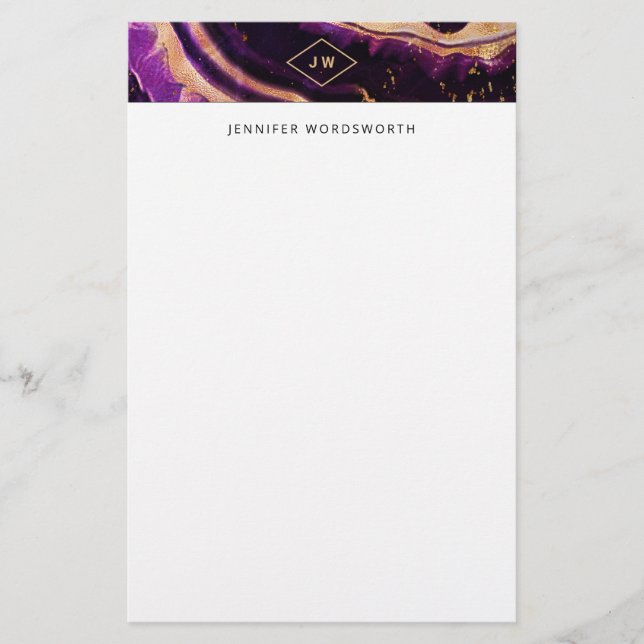 Modern Watercolor Abstract Dark Purple Gold Agate Stationery (Front)
