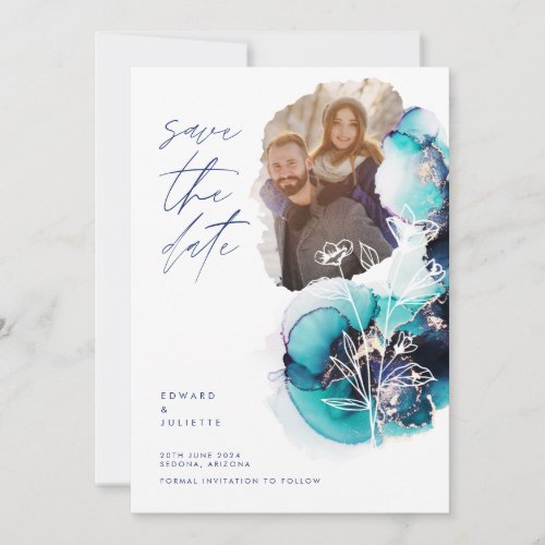 Modern Watercolor Agate Aqua Ink  Florals Photo Save The Date