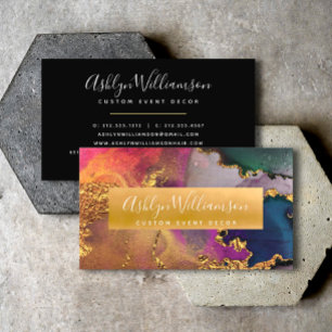 Modern watercolor agate gold purple blue script business card