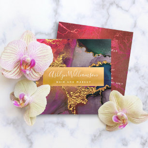 Modern watercolor agate gold purple pink blue square business card