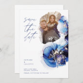Modern Watercolor Agate Indigo Ink & Florals Photo Save The Date (Front/Back)