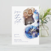 Modern Watercolor Agate Indigo Ink & Florals Photo Save The Date (Standing Front)