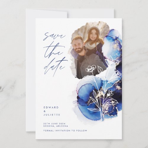 Modern Watercolor Agate Indigo Ink  Florals Photo Save The Date