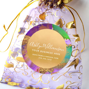 Modern watercolor agate purple gold green script classic round sticker