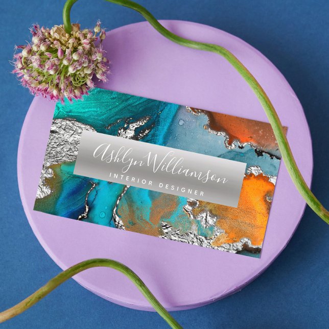 Modern watercolor agate silver turquoise script business card (Creator Uploaded)