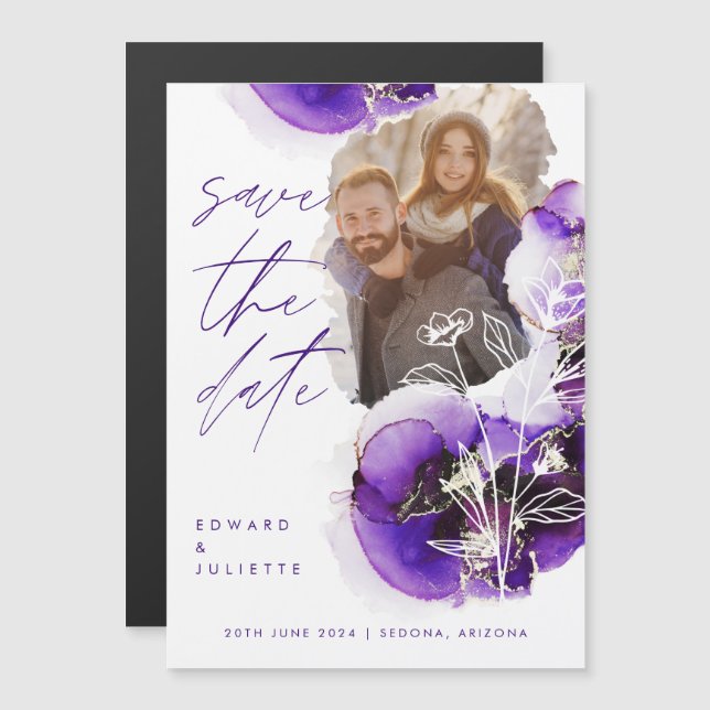 Modern Watercolor Agate Violet Ink & Florals Photo (Front/Back)