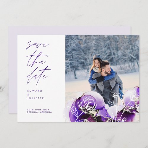 Modern Watercolor Agate Violet Ink Florals Photo Save The Date