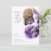 Modern Watercolor Agate Violet Ink & Florals Photo Save The Date (Standing Front)