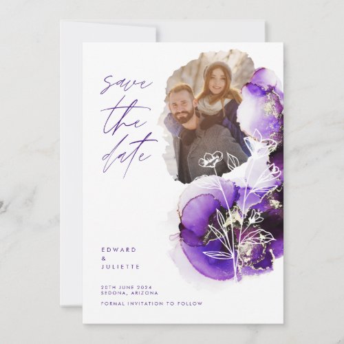 Modern Watercolor Agate Violet Ink  Florals Photo Save The Date