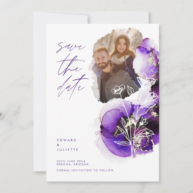 Modern Watercolor Agate Violet Ink & Florals Photo Save The Date (Front)