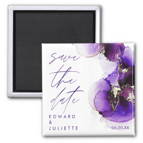 Modern Watercolor Agate Violet Ink Metallic Floral Magnet