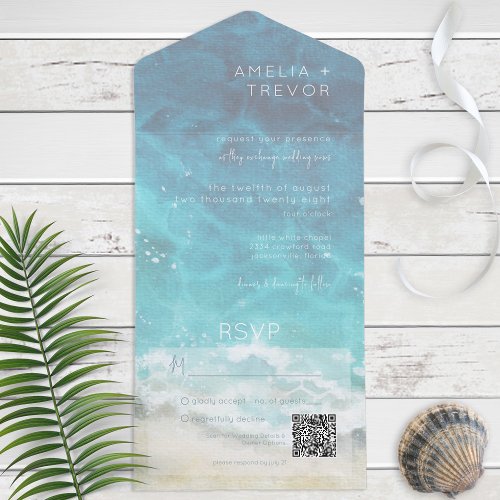 Modern Watercolor Aqua Beach  Sea QR Code All In One Invitation