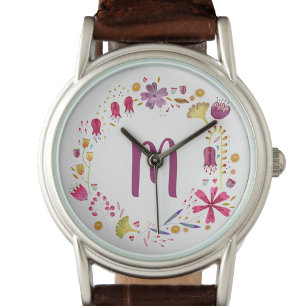 Modern Watercolor Autumn Flower Monogram Watch