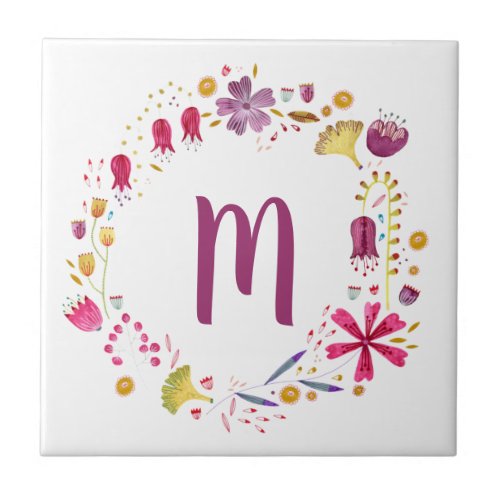 Modern Watercolor Autumnal Flower Monogram Ceramic Tile