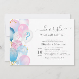 modern watercolor baloons gender reveal invitation