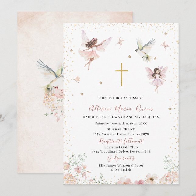 Modern  Watercolor Baptism Magical Floral Fairy Pr Invitation (Front/Back)
