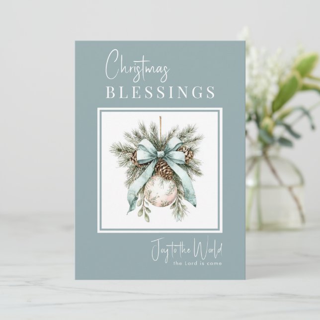 Modern Watercolor Bauble Christmas Blessings Holiday Card (Standing Front)