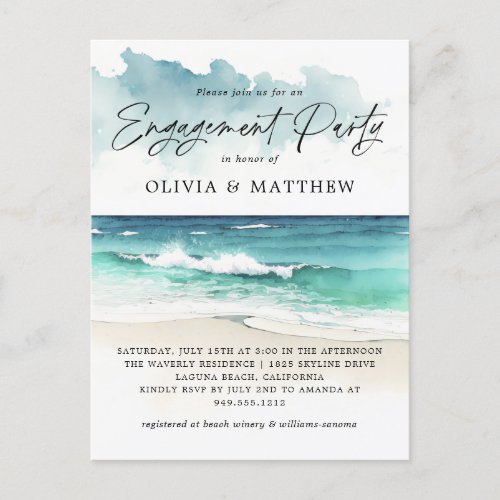 Modern Watercolor Beach Engagement Party Inviation Postcard