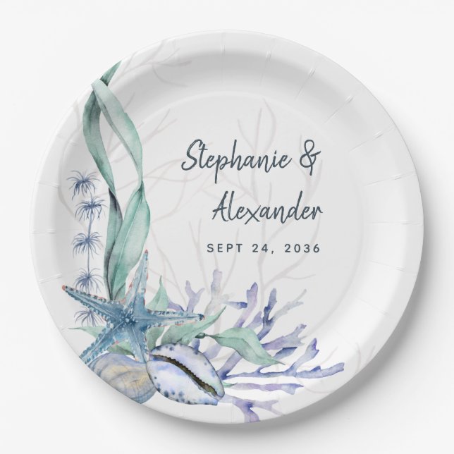 Modern Watercolor Beach Seashells Wedding Paper Plates (Front)