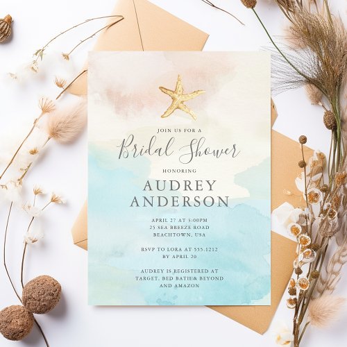 Modern Watercolor Beach Themed Bridal Shower Invitation