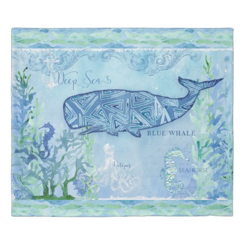 Modern Watercolor Beach Whale Seahorse Octopus Art Duvet Cover