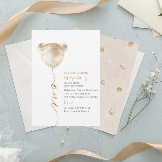 Modern Watercolor Bear One Birthday Invitation (Creator Uploaded)