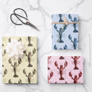 Modern Watercolor Beige Blue Pink Lobster Wrapping Paper Sheets