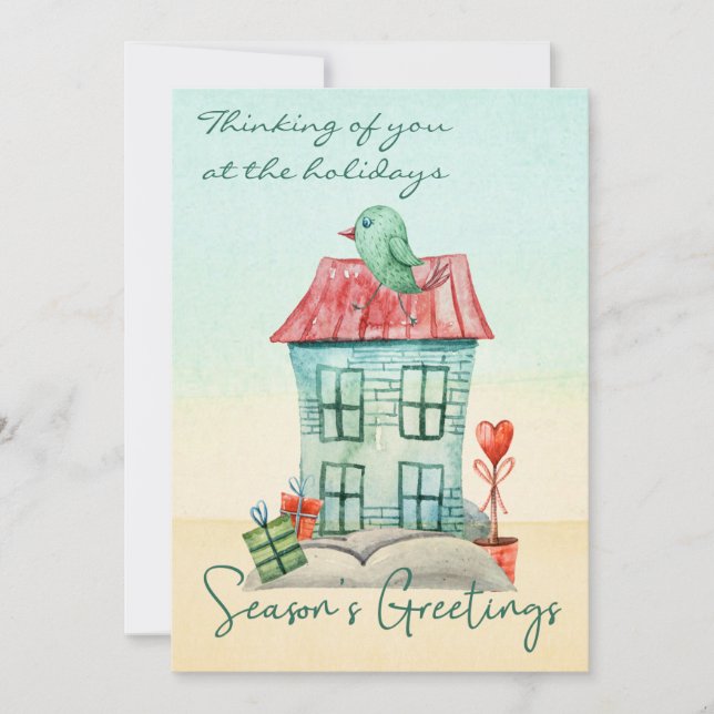 Modern Watercolor Bird House Script Holiday Card (Front)